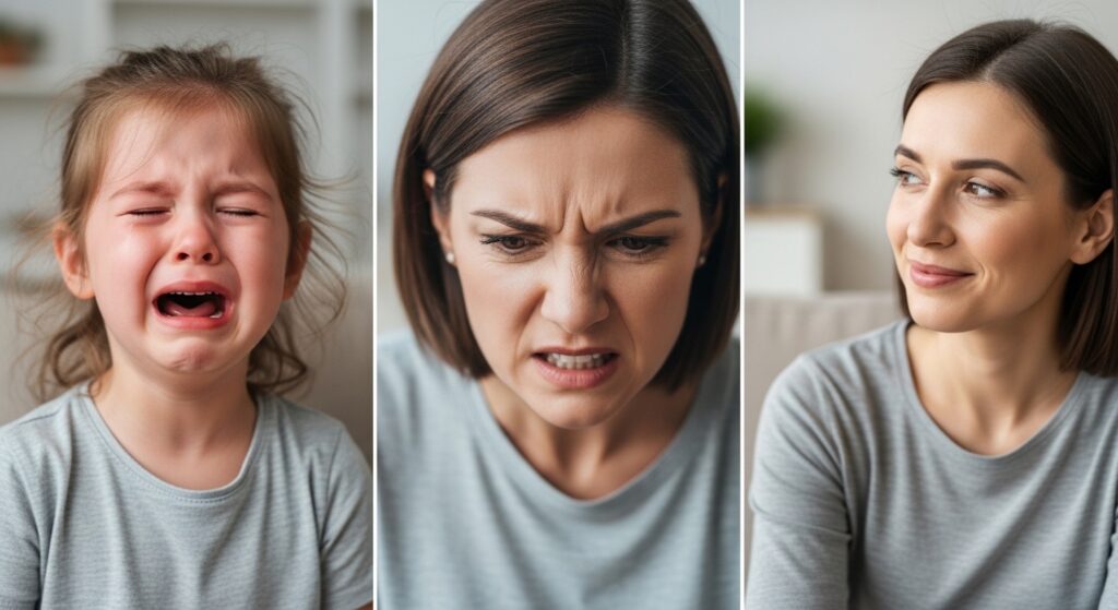 泣いている子供、怒っている親、笑っている親