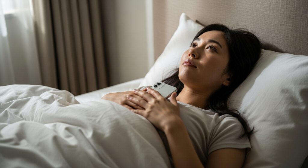 ベッドでスマホを握りしめている