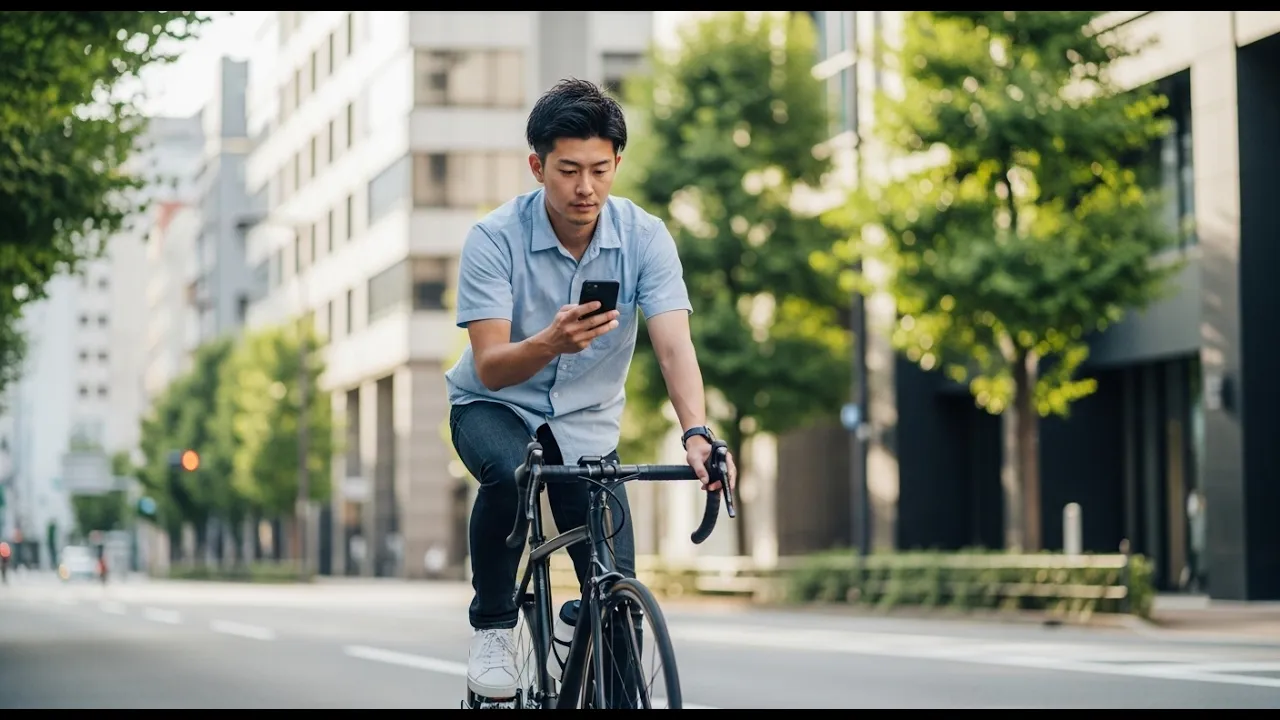 スマホを見て自転車を運転する人
