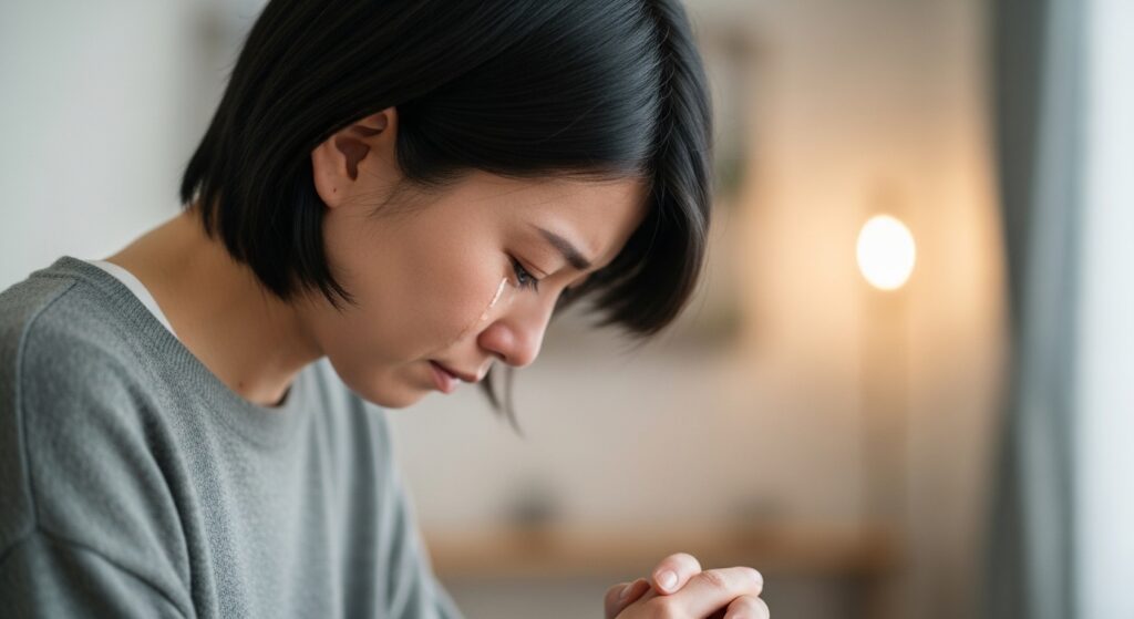 下を向く人