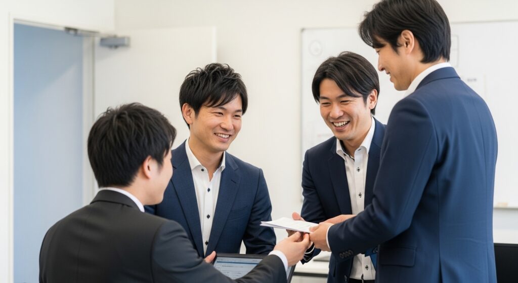 職場で談笑する人