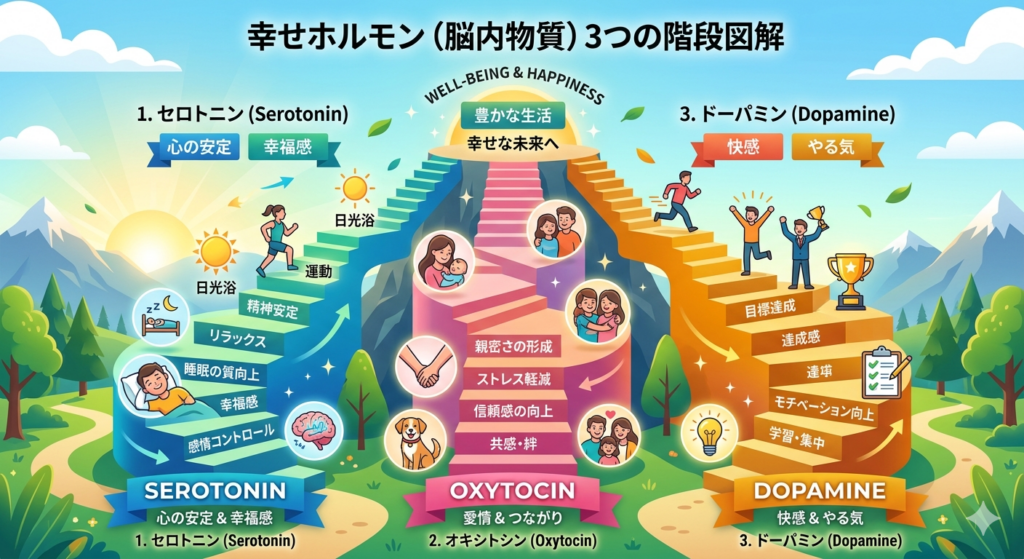 セロトニン・ドーパミン・オキシトシンの説明図