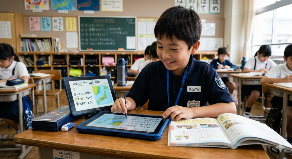 タブレットで学習する子供