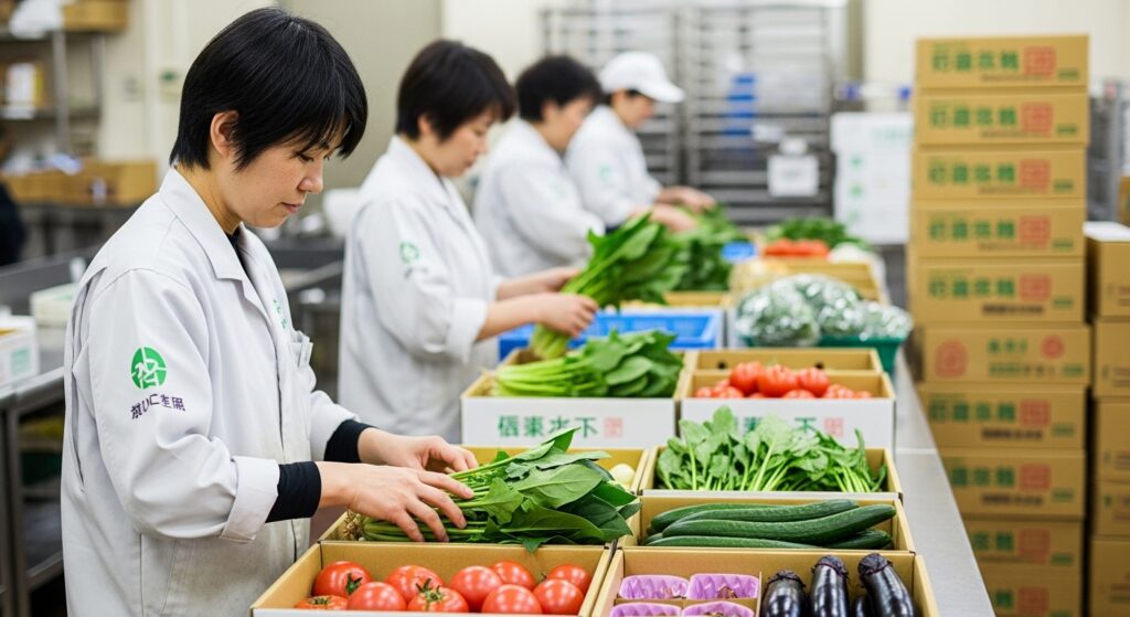 野菜を梱包する人