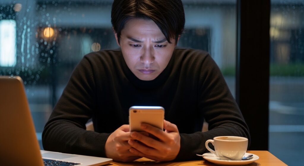 スマホを見て落ち込む人