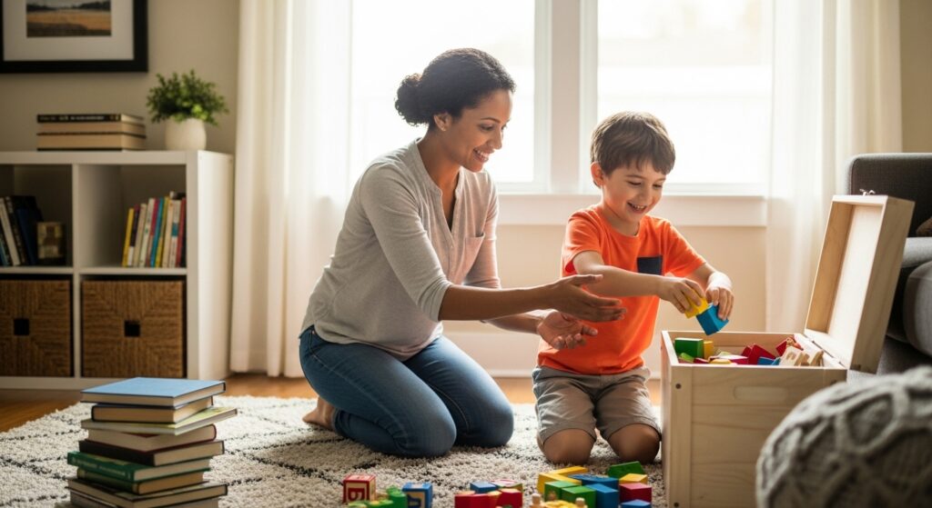 親子で部屋の片付けをしている様子