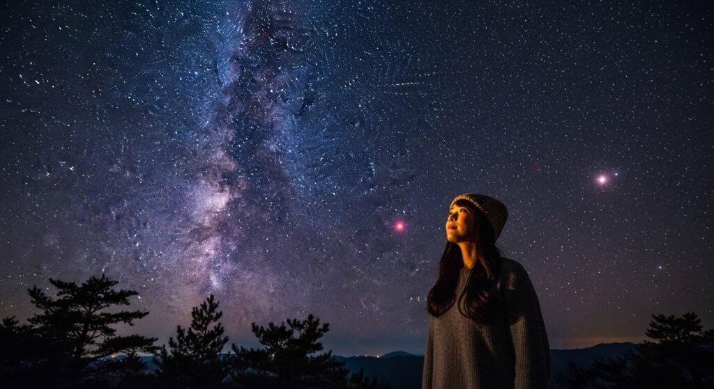 夜空を見上げる人