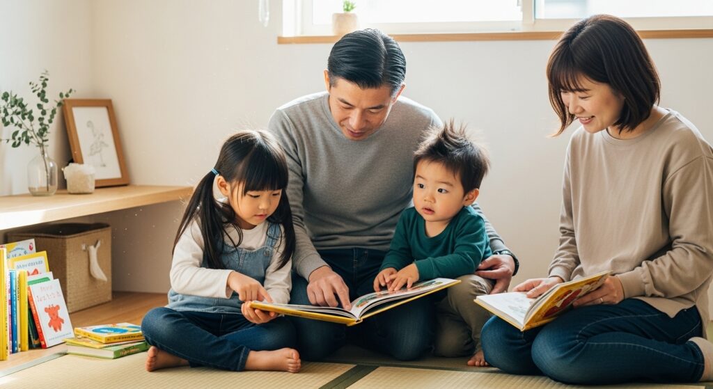 親子で本を読んでいる