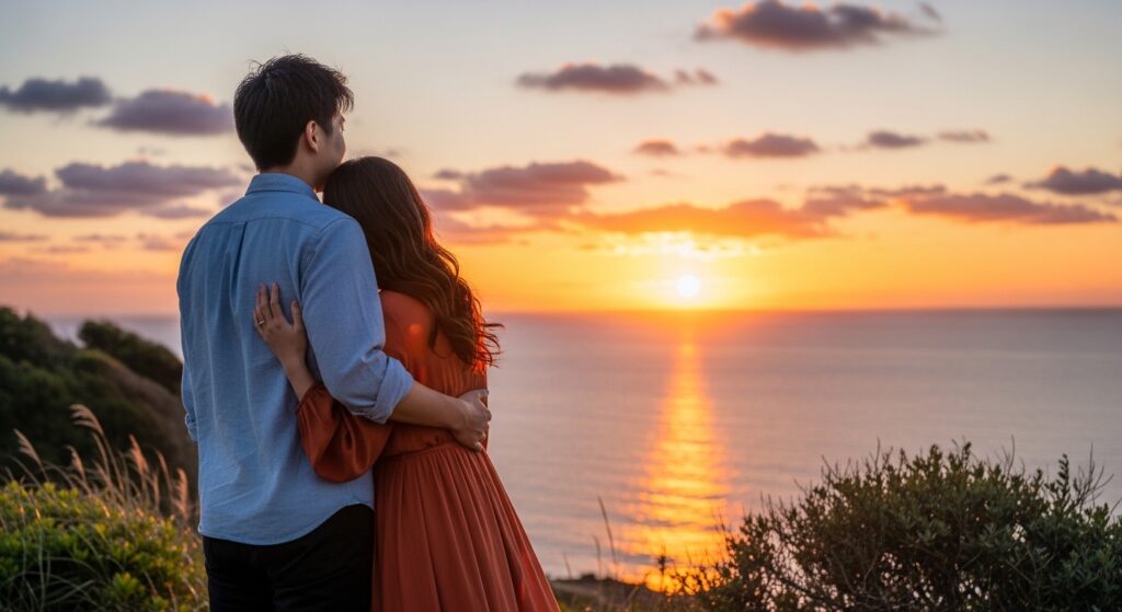 夕日を見るカップル