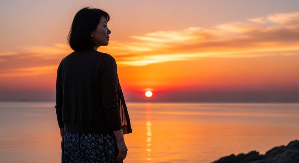 夕焼けを見る女性