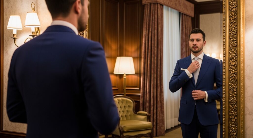 鏡の前に立つ人