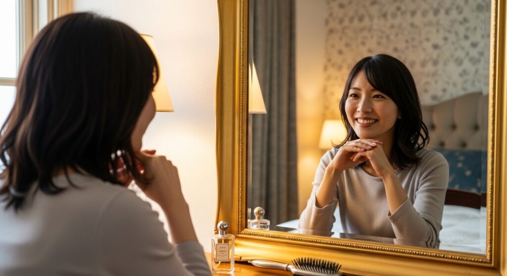 鏡をみて笑っている人