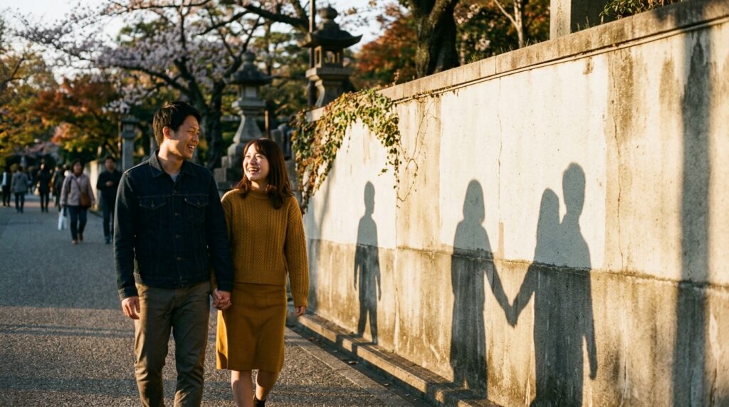 カップルの後ろをつきまとう人