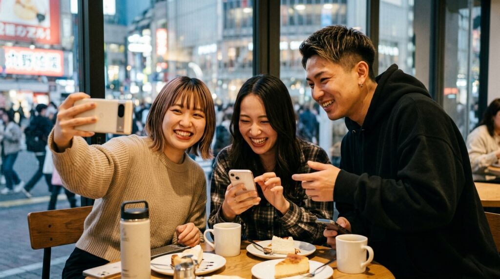 スマホで写真を撮っている
