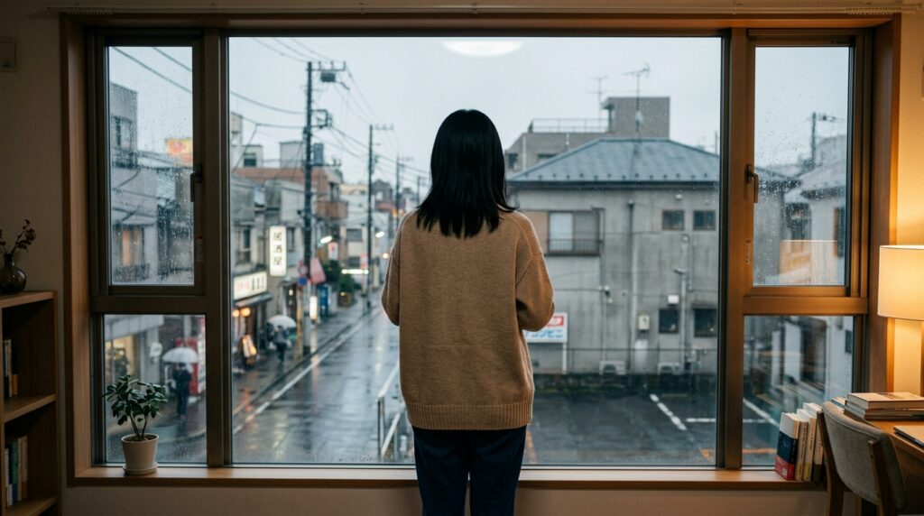 窓辺でたたずむ人