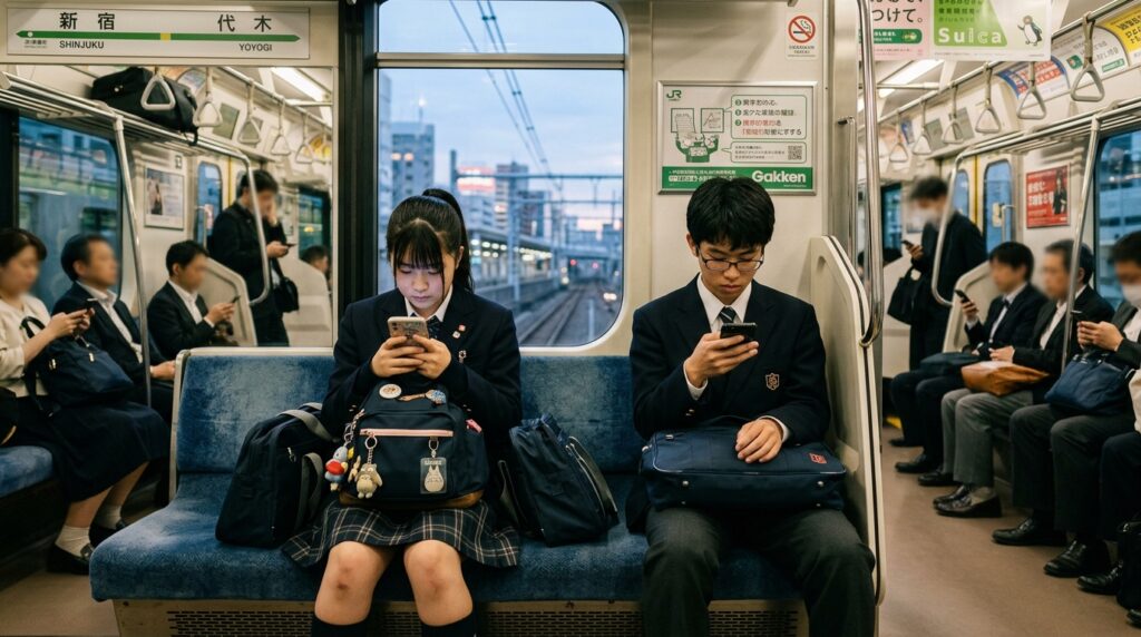 電車の中で勉強する高校生