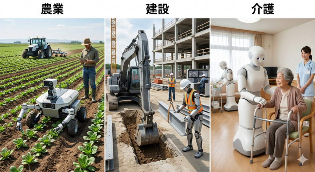 農業・建設・介護の分野でのロボット