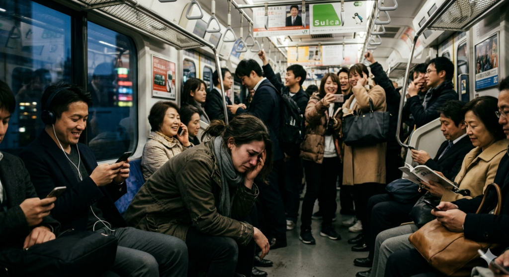 一人だけ暗い顔をしている女性
