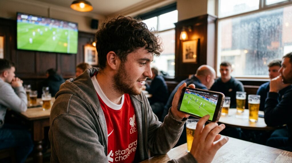 スマホでサッカーの試合を観戦している様子