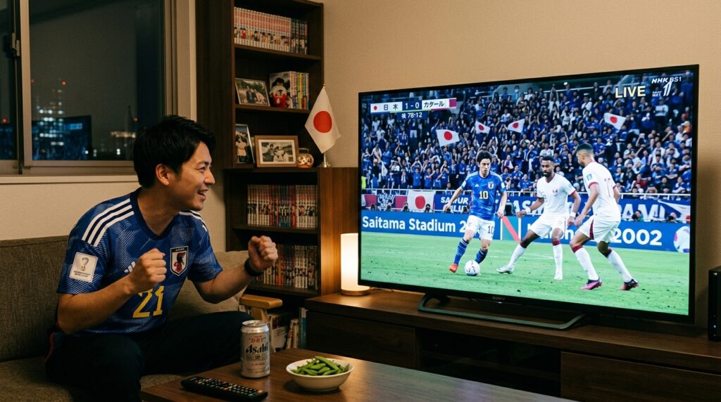 テレビでサッカー日本代表の試合を放送している様子