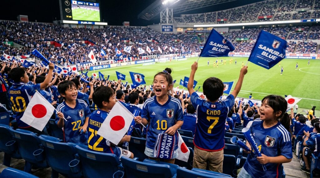 サッカー日本代表を応援している子供たち