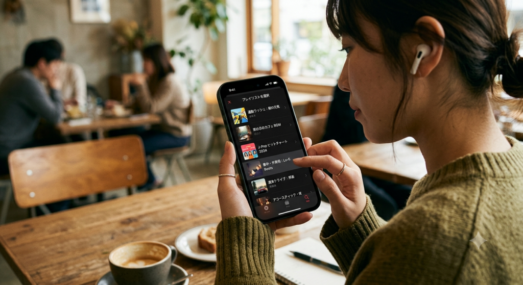 スマホで音楽を聴いている