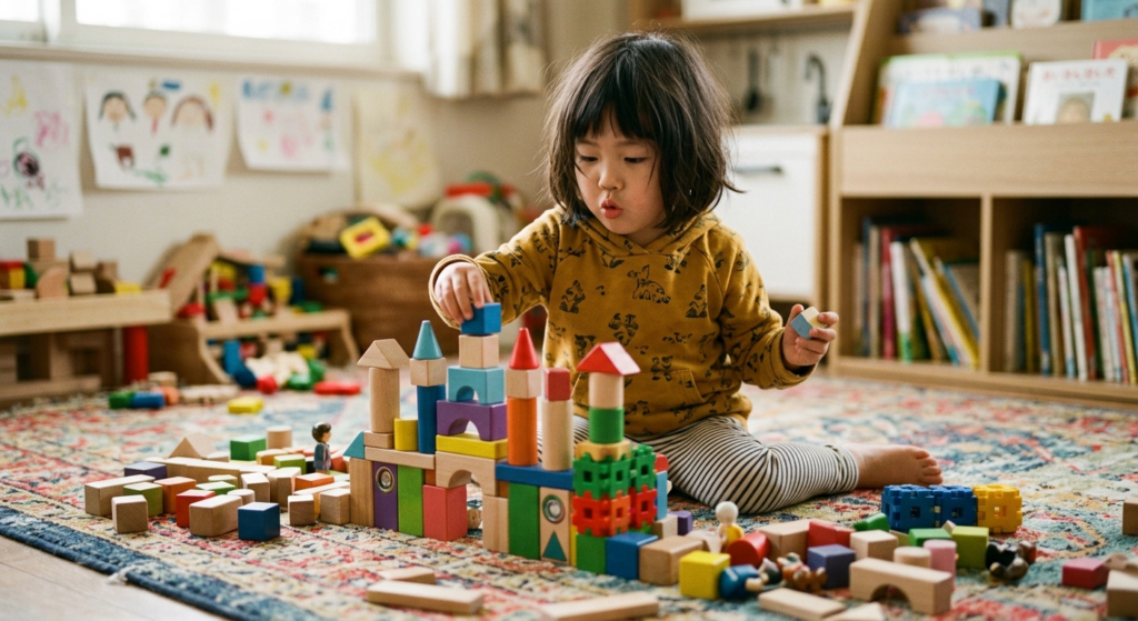 子どもが積み木で遊んでいる