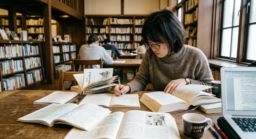 調べ物をしている女性